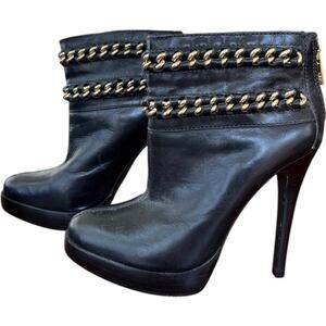 Tory Burch  Black Leather Lysa Gold Chain Booties Back Zip 4" Heel Women's 6.5